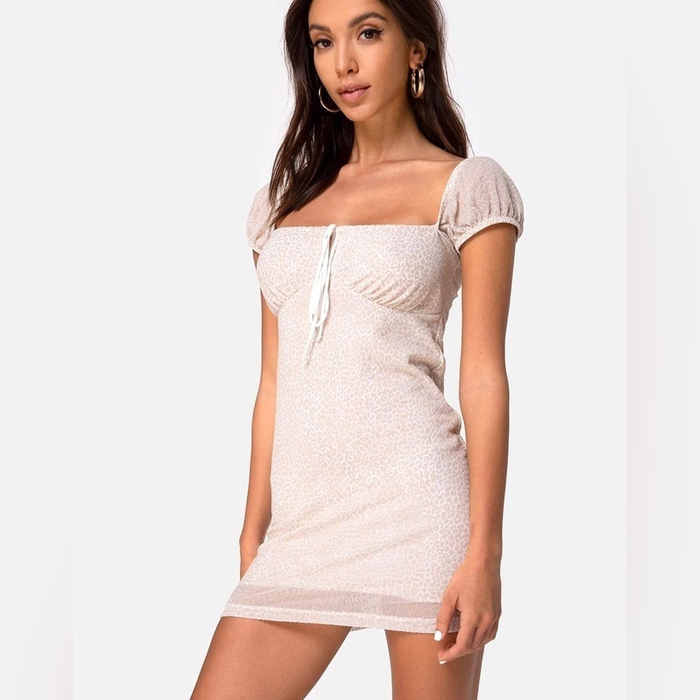 UO Motel Rocks Gaina Flock Ditsy Leopard Taupe Mini Bodycon Dress NWT Size XS